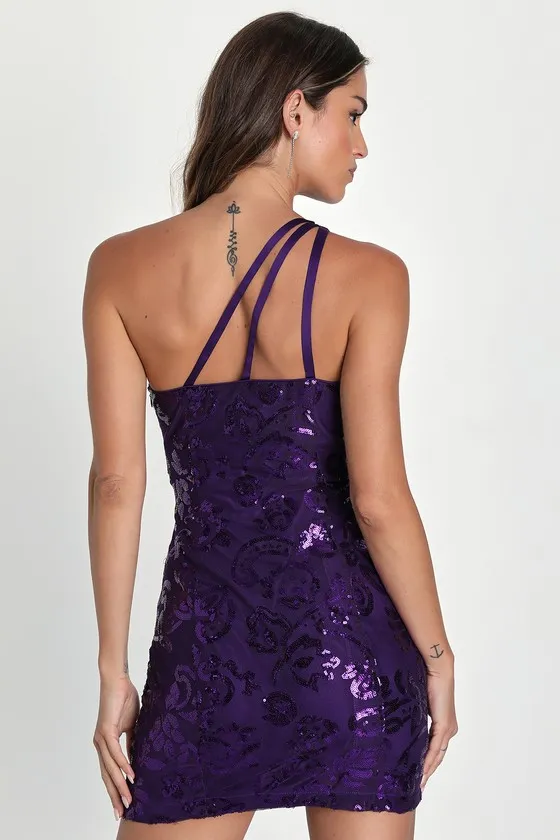 Glittery Beauty Purple Sequin One-Shoulder Mini Dress sold by Lulus product image thumbnail 3