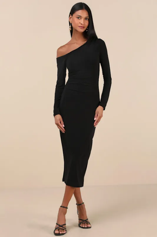 Vanel Black Slinky Knit Asymmetrical Midi Dress made by Lulus