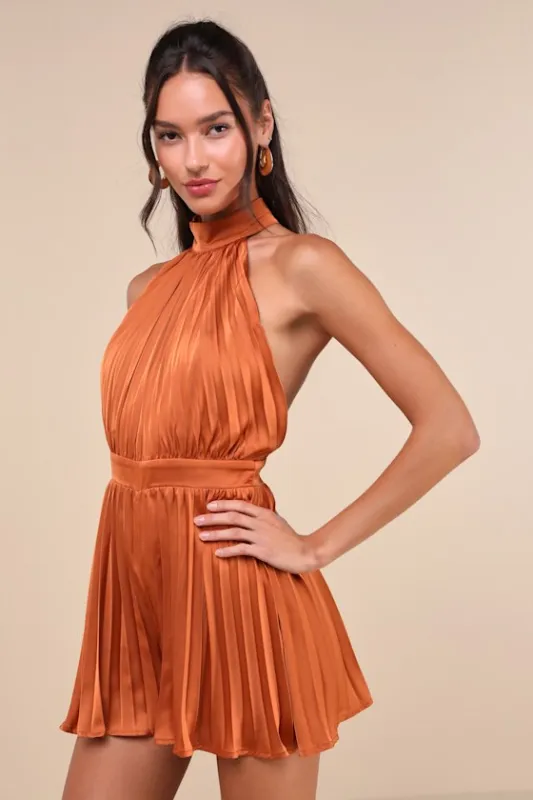 Seriously Stunning Rust Orange Satin Pleated Backless Romper sold by Lulus