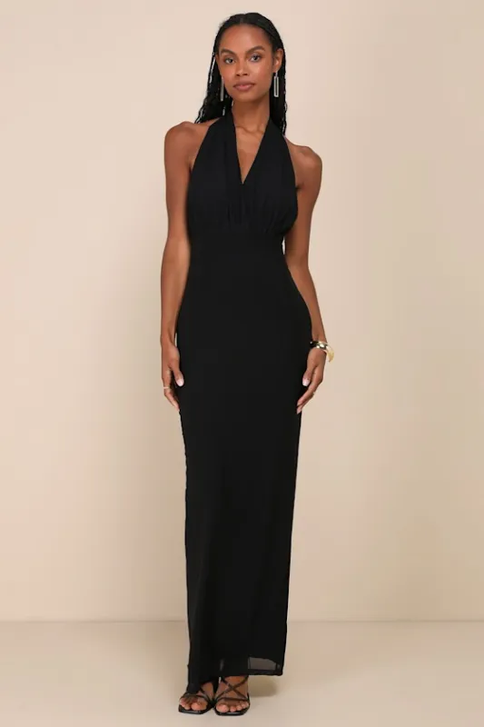 Celebratory Love Black Mesh Ruched Halter Maxi Dress sold by Lulus