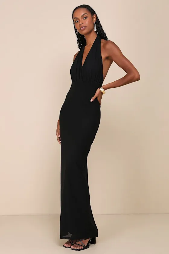 Celebratory Love Black Mesh Ruched Halter Maxi Dress sold by Lulus product image thumbnail 3