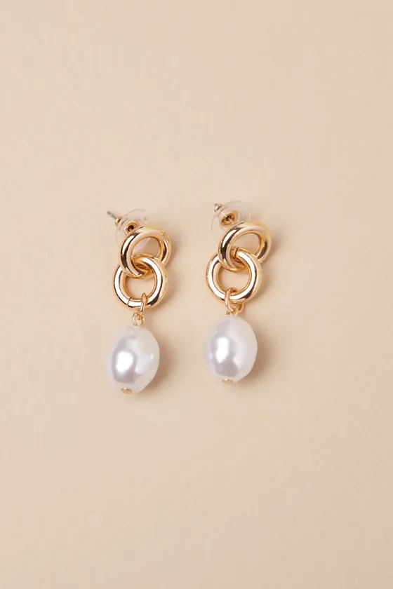 Deluxe Glamour Gold Pearl Charm Interlocking Earrings sold by Lulus product image thumbnail 3