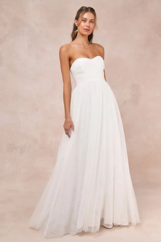 Blissful Forever White Tulle Lace Strapless Pleated Maxi Dress sold by Lulus