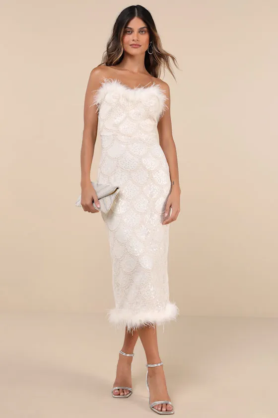 Uniquely Confident Cream Lace Feather Strapless Midi Dress sold by Lulus