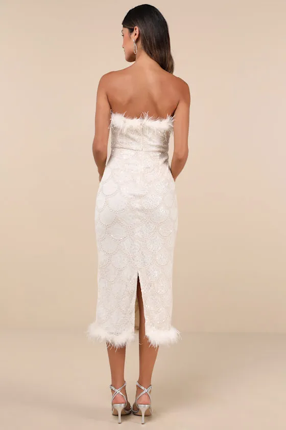 Uniquely Confident Cream Lace Feather Strapless Midi Dress sold by Lulus product image thumbnail 2