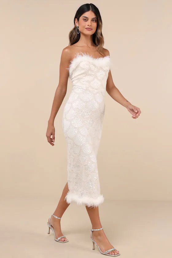 Uniquely Confident Cream Lace Feather Strapless Midi Dress sold by Lulus product image thumbnail 3
