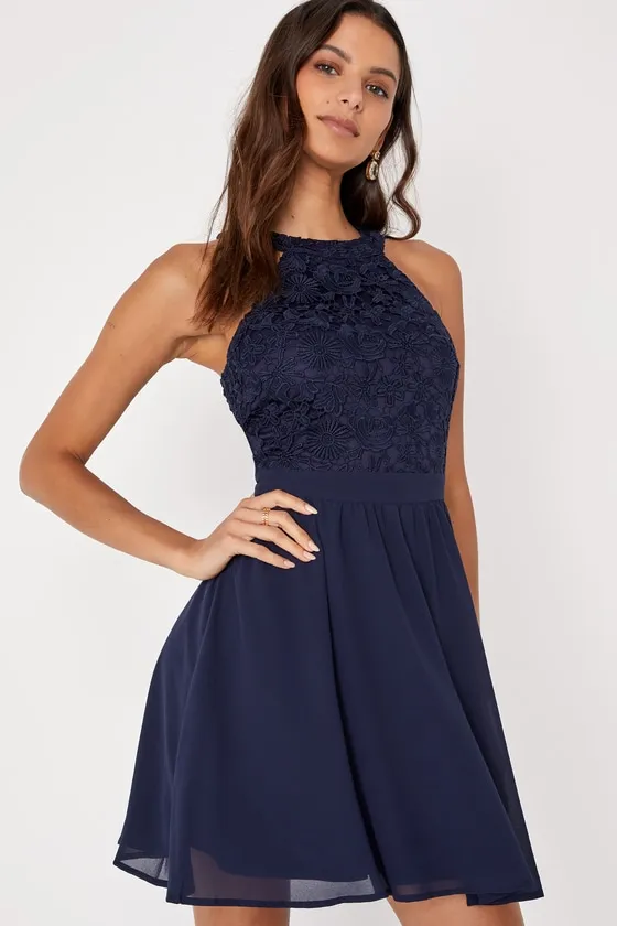 Lover's Game Navy Blue Lace Skater Dress sold by Lulus