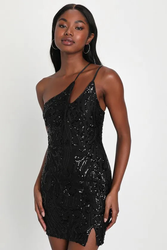 Alluring Shine Black Sequin One-Shoulder Mini Dress sold by Lulus
