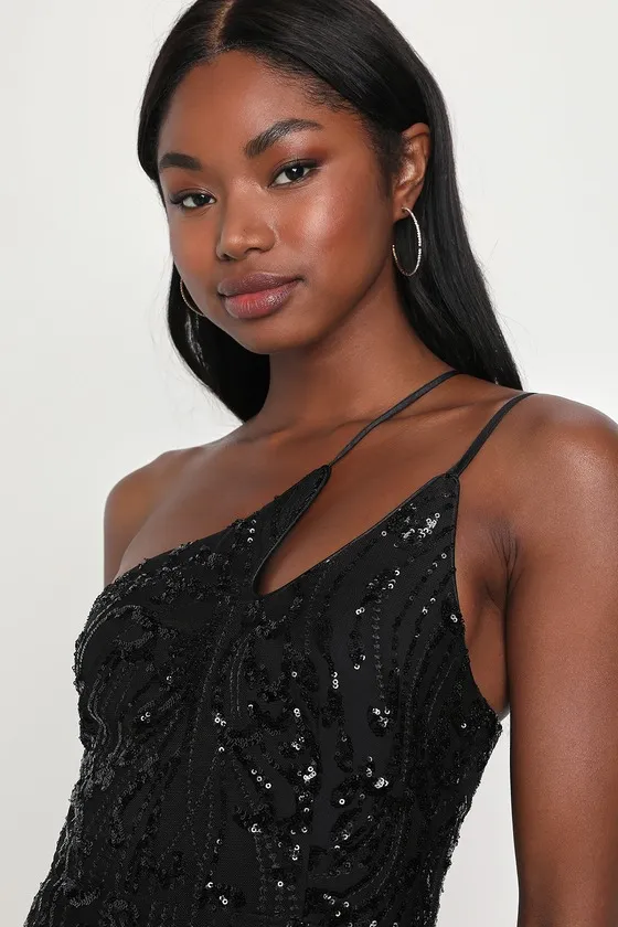Alluring Shine Black Sequin One-Shoulder Mini Dress sold by Lulus product image thumbnail 4