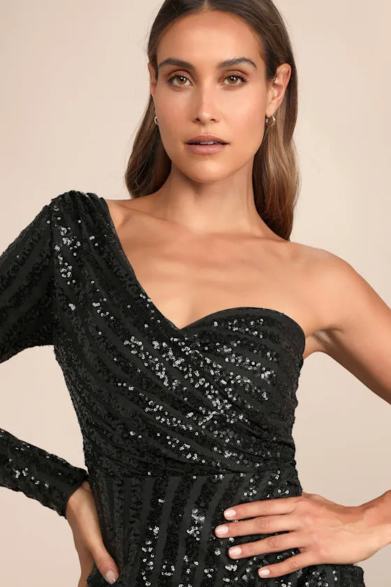 Elegant Occasion Black Sequin One-Shoulder Midi Dress sold by Lulus product image thumbnail 4