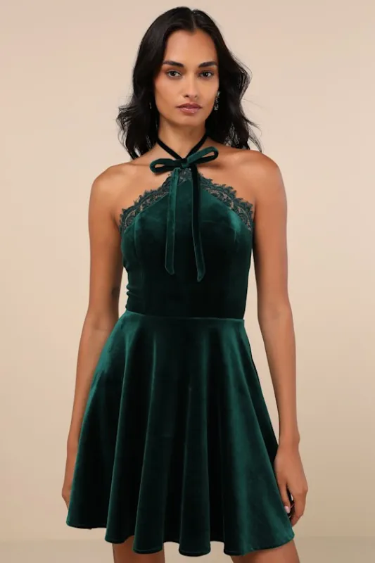Ever So Charming Emerald Velvet Lace Halter Skater Mini Dress sold by Lulus