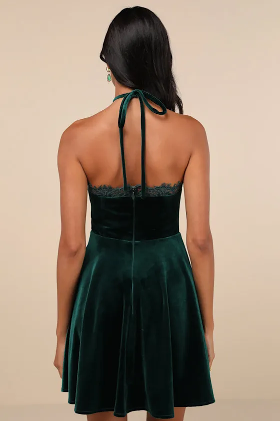 Ever So Charming Emerald Velvet Lace Halter Skater Mini Dress sold by Lulus product image thumbnail 2