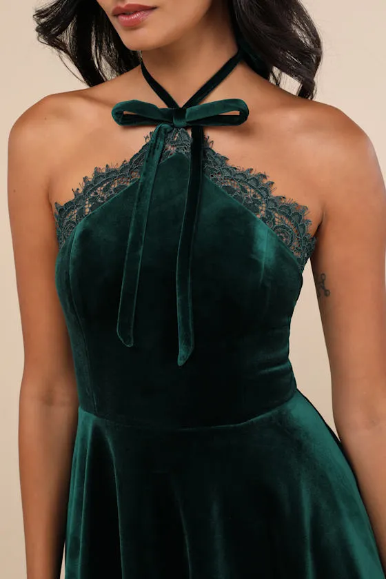 Ever So Charming Emerald Velvet Lace Halter Skater Mini Dress sold by Lulus product image thumbnail 4