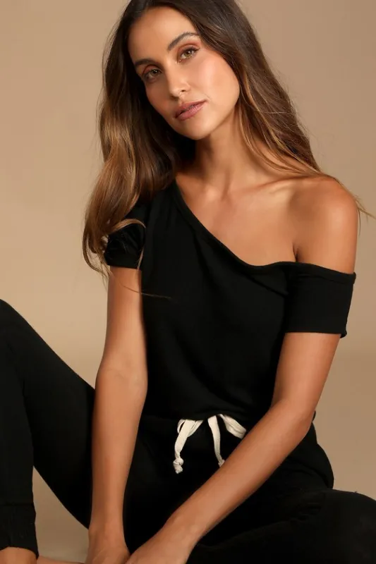 Relaxing Weekend Black Off-the-Shoulder Lounge Jumpsuit sold by Lulus