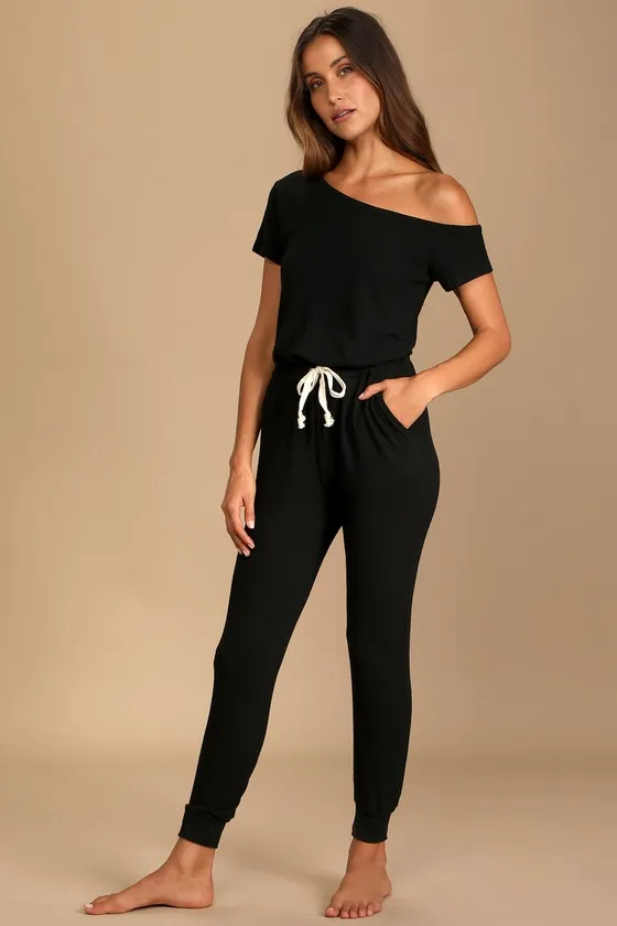 Relaxing Weekend Black Off-the-Shoulder Lounge Jumpsuit sold by Lulus product image thumbnail 4