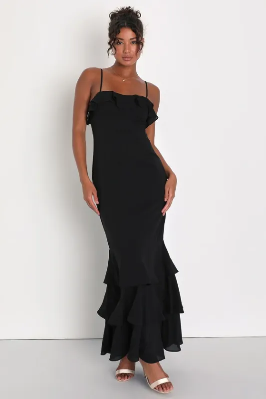 Lively Evenings Black Sleeveless Tiered Maxi Dress sold by Lulus