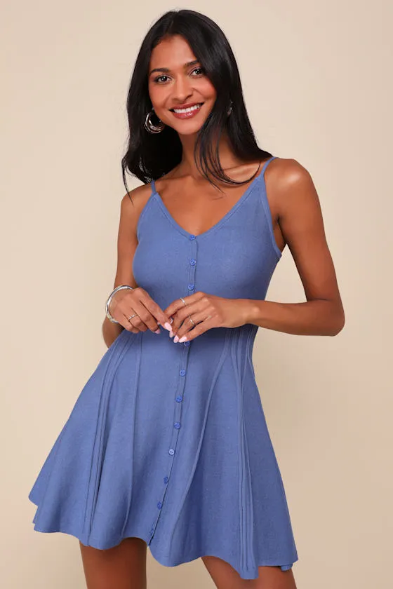 Flattering Disposition Blue Button-Front Ribbed Mini Dress sold by Lulus