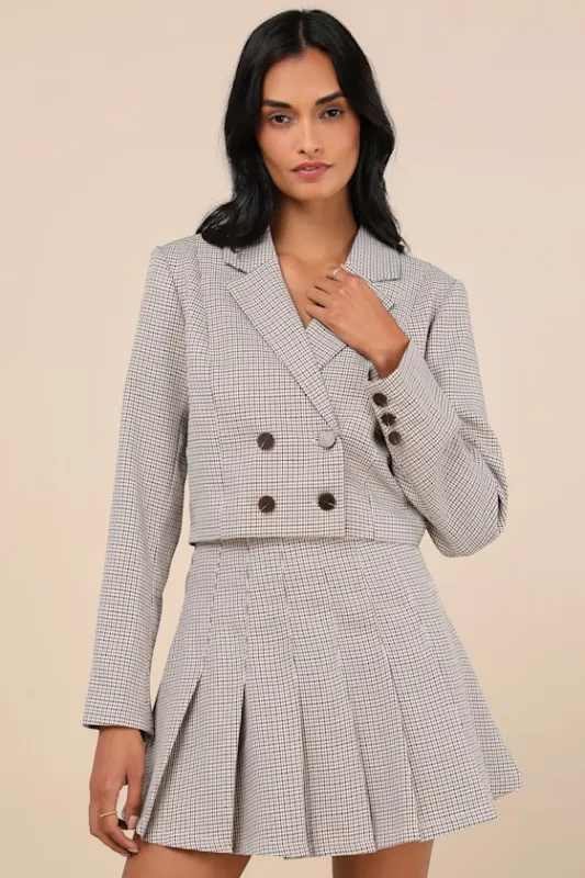 Convincingly Poised Brown Plaid Double-Breasted Cropped Blazer sold by Lulus