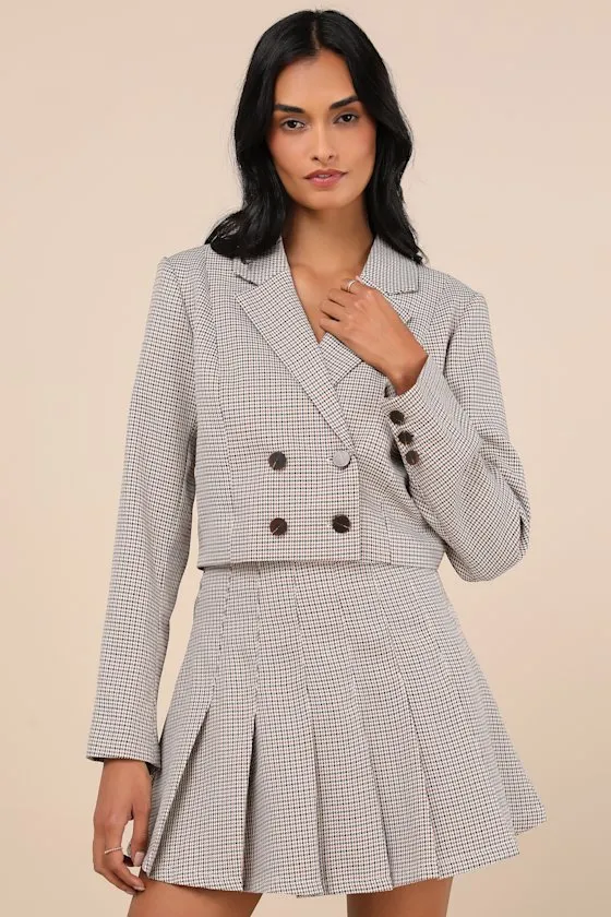 Convincingly Poised Brown Plaid Double-Breasted Cropped Blazer sold by Lulus