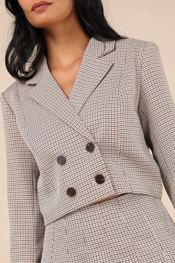 Convincingly Poised Brown Plaid Double-Breasted Cropped Blazer sold by Lulus product image thumbnail 4