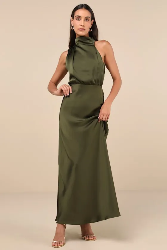 Distinctive Charm Olive Green Satin Asymmetrical Maxi Dress sold by Lulus
