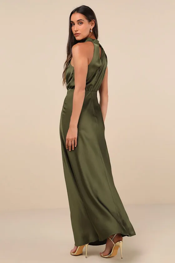Distinctive Charm Olive Green Satin Asymmetrical Maxi Dress sold by Lulus product image thumbnail 2