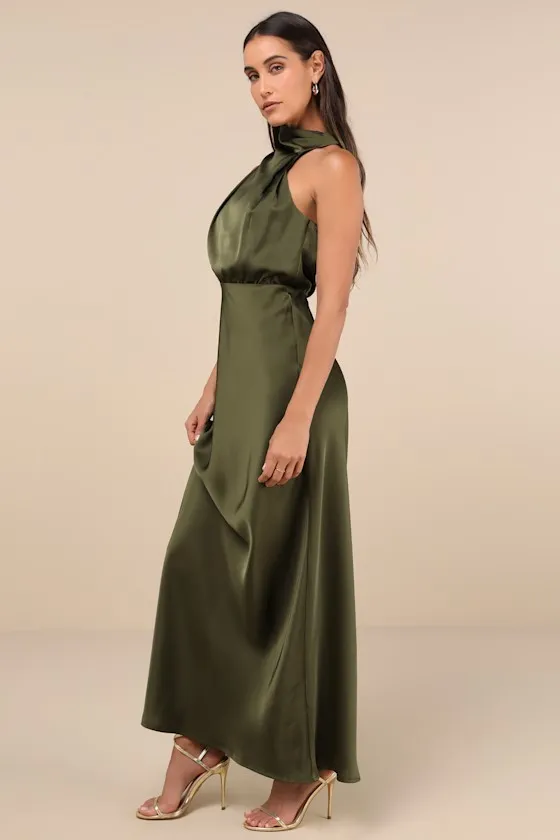 Distinctive Charm Olive Green Satin Asymmetrical Maxi Dress sold by Lulus product image thumbnail 4