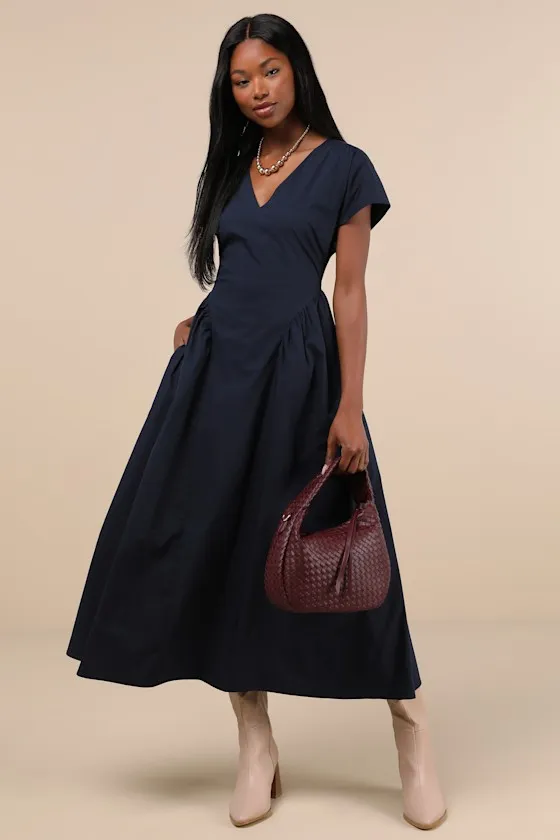 Modern Concept Navy Short Sleeve V-Neck Midi Dress With Pockets sold by Lulus