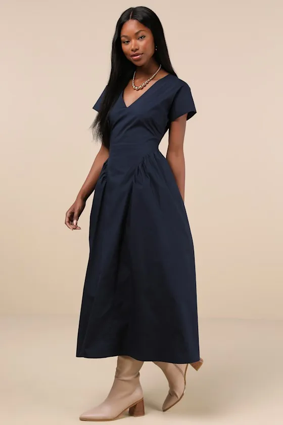 Modern Concept Navy Short Sleeve V-Neck Midi Dress With Pockets sold by Lulus product image thumbnail 2
