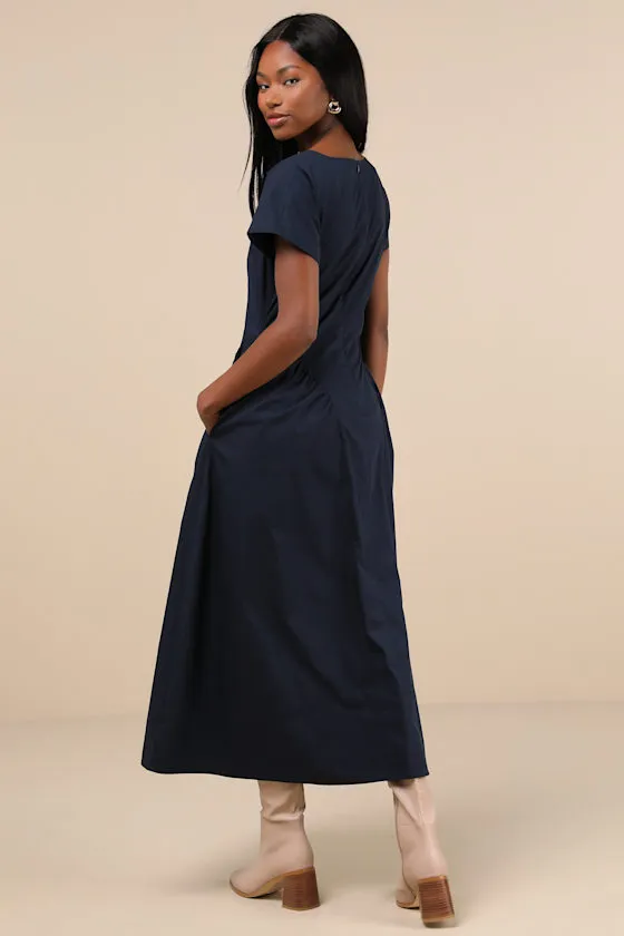 Modern Concept Navy Short Sleeve V-Neck Midi Dress With Pockets sold by Lulus product image thumbnail 3