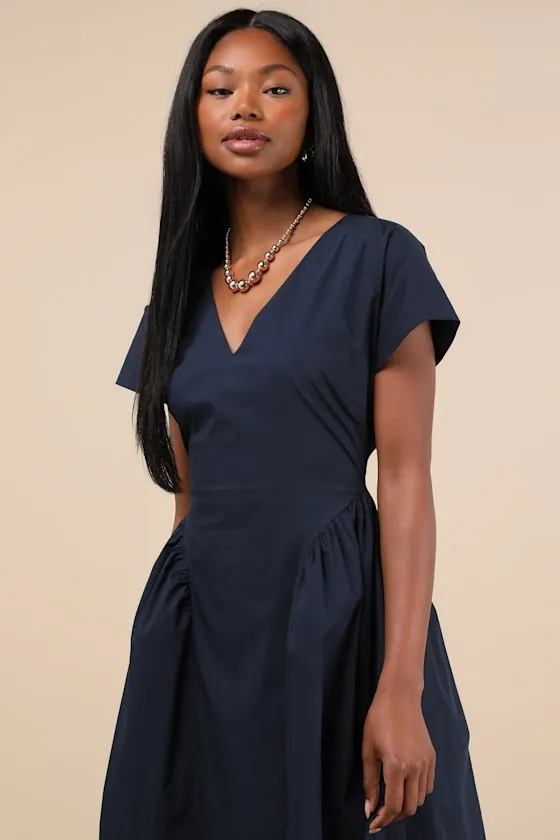 Modern Concept Navy Short Sleeve V-Neck Midi Dress With Pockets sold by Lulus product image thumbnail 4