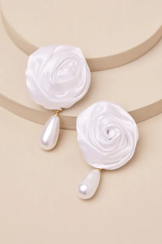 Infinitely Romantic White Rosette Pearl Statement Earrings sold by Lulus