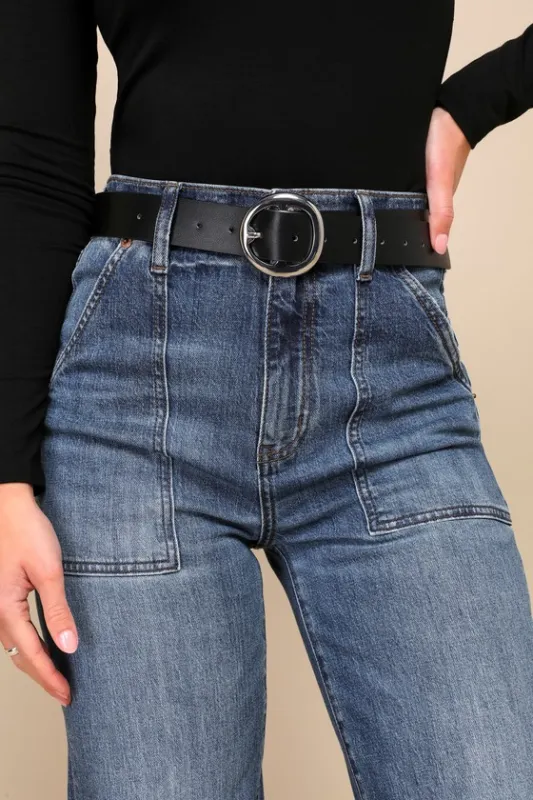 Effortless Detail Black Oversized Circle Buckle Belt sold by Lulus