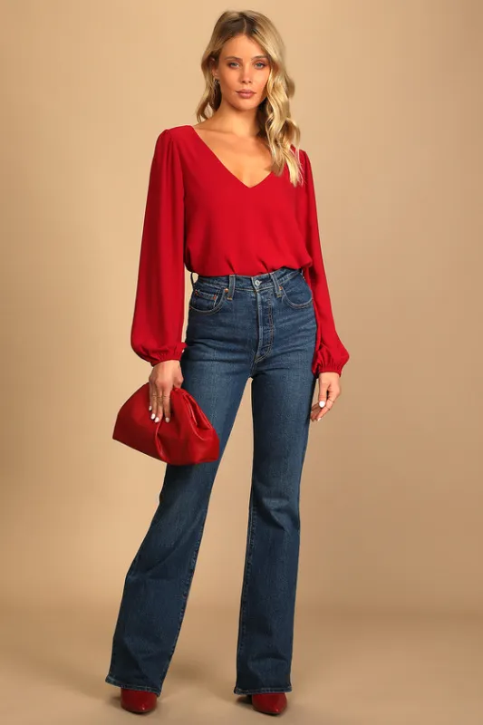 Stylish and Sincere Berry Red Long Sleeve V-Neck Top sold by Lulus