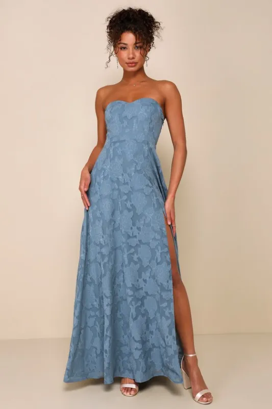 Garden of Romance Dusty Blue Floral Burnout Strapless Maxi Dress sold by Lulus