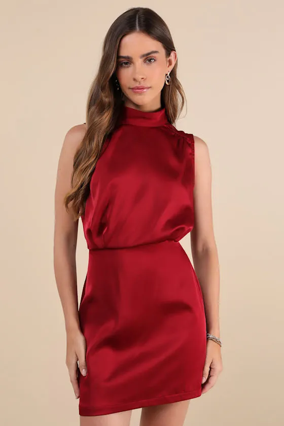 Classic Elegance Wine Red Satin Sleeveless Mock Neck Mini Dress sold by Lulus