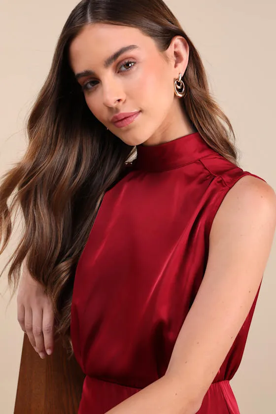Classic Elegance Wine Red Satin Sleeveless Mock Neck Mini Dress sold by Lulus product image thumbnail 2