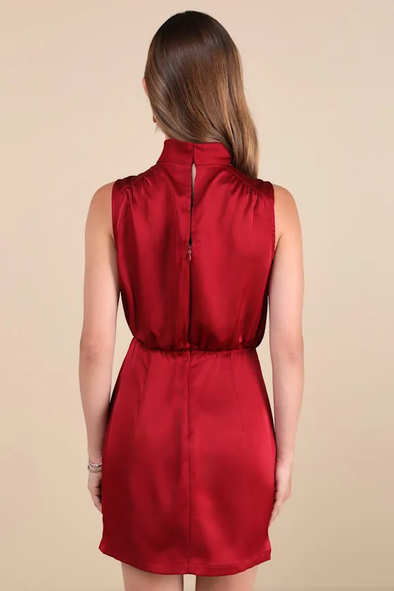 Classic Elegance Wine Red Satin Sleeveless Mock Neck Mini Dress sold by Lulus product image thumbnail 3