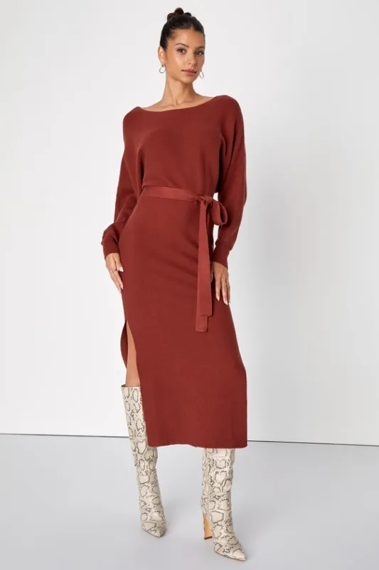 Cozy Captivation Rust Ribbed Dolman Sleeve Midi Sweater Dress sold by Lulus