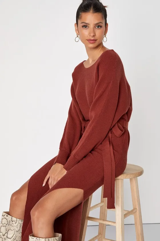 Cozy Captivation Rust Ribbed Dolman Sleeve Midi Sweater Dress sold by Lulus product image thumbnail 2