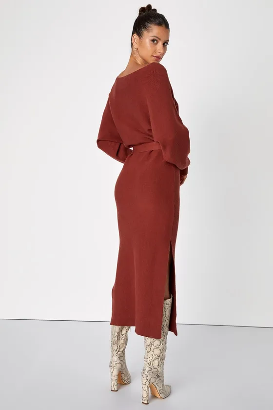 Cozy Captivation Rust Ribbed Dolman Sleeve Midi Sweater Dress sold by Lulus product image thumbnail 3