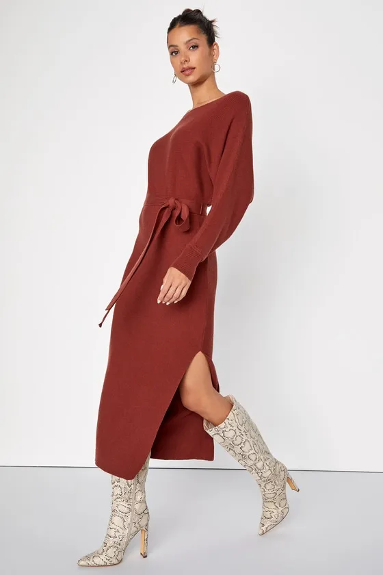 Cozy Captivation Rust Ribbed Dolman Sleeve Midi Sweater Dress sold by Lulus product image thumbnail 4