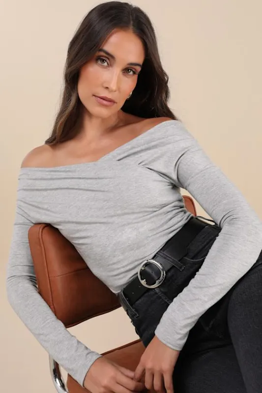 Designated Cutie Heather Grey Long Sleeve Surplice Top sold by Lulus