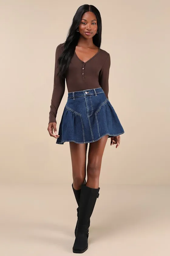 Edgy Affection Dark Wash Denim High-Rise Paneled Mini Skirt sold by Lulus product image thumbnail 3
