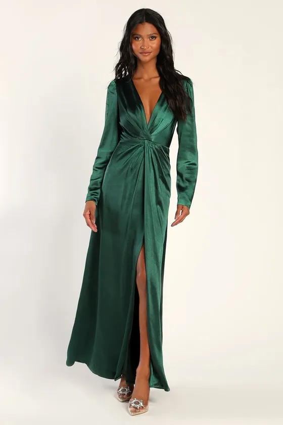Endearing Elegance Emerald Green Satin Long Sleeve Maxi Dress sold by Lulus