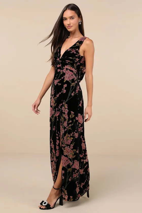 Enhanced Aura Black Floral Burnout Velvet Cowl-Back Maxi Dress sold by Lulus product image thumbnail 2