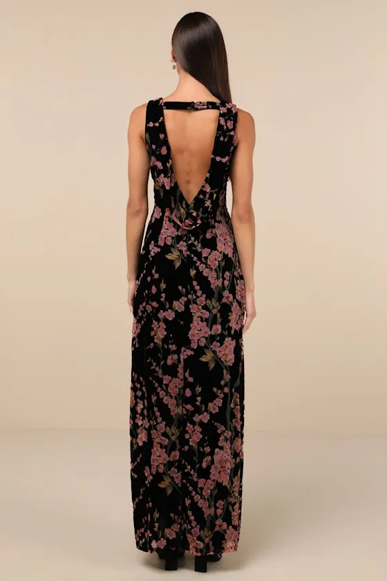 Enhanced Aura Black Floral Burnout Velvet Cowl-Back Maxi Dress sold by Lulus product image thumbnail 3