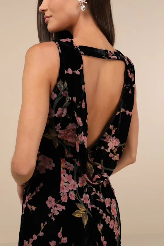 Enhanced Aura Black Floral Burnout Velvet Cowl-Back Maxi Dress sold by Lulus product image thumbnail 4