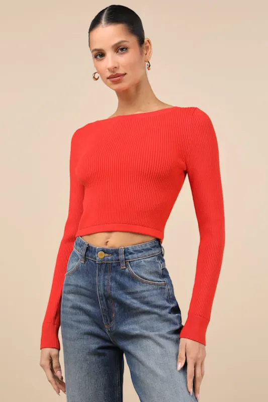 Most Intriguing Red Orange Ribbed Tie-Back Sweater Top sold by Lulus