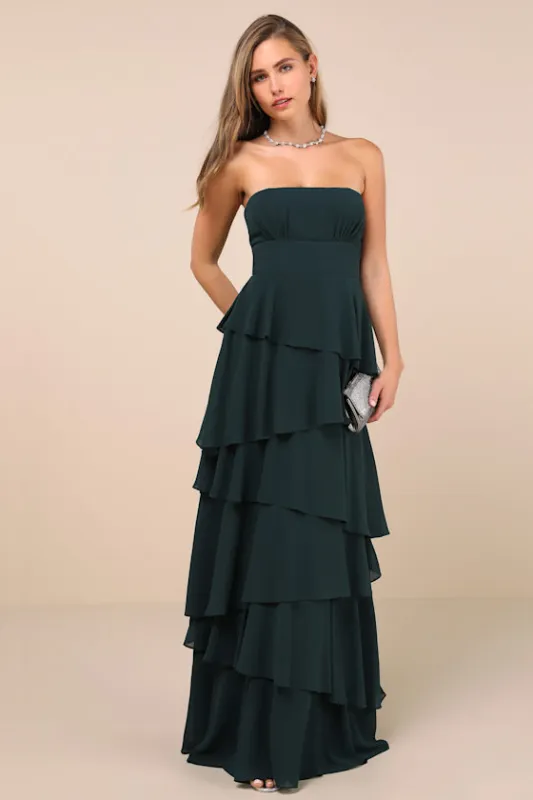 Gorgeous Essence Emerald Strapless Tiered Maxi Dress sold by Lulus